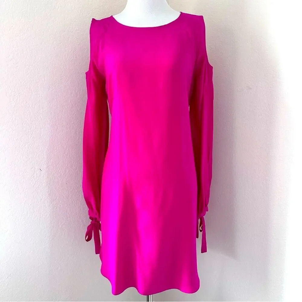 Amanda Uprichard Hot Pink 100% Silk Cold Shoulder Long Sleeve Dress Small - Picture 2 of 13